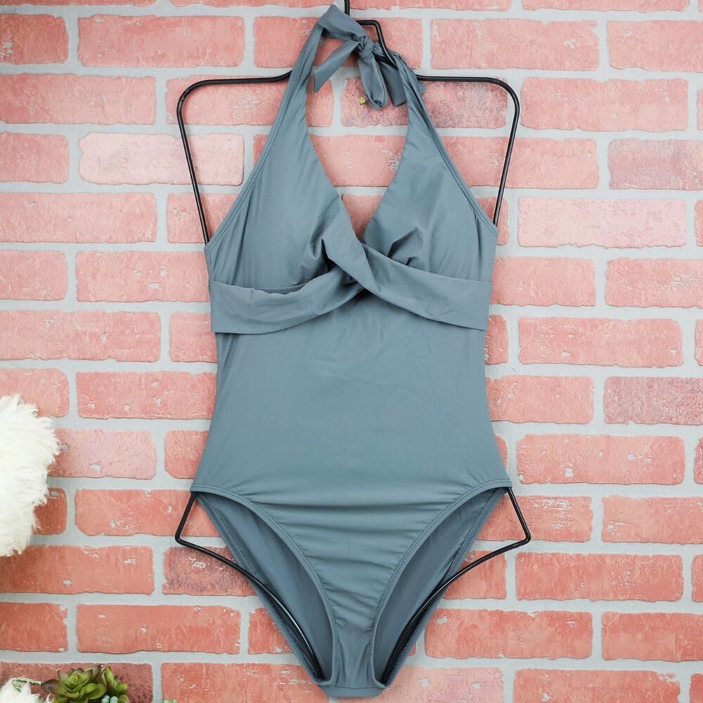 Talbots Gray One Piece Swimsuit Halter Tie Back V-Neck Ruched Bust Size 6